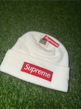 Supreme Kids Cream Beanie with Red Box Logo Patch